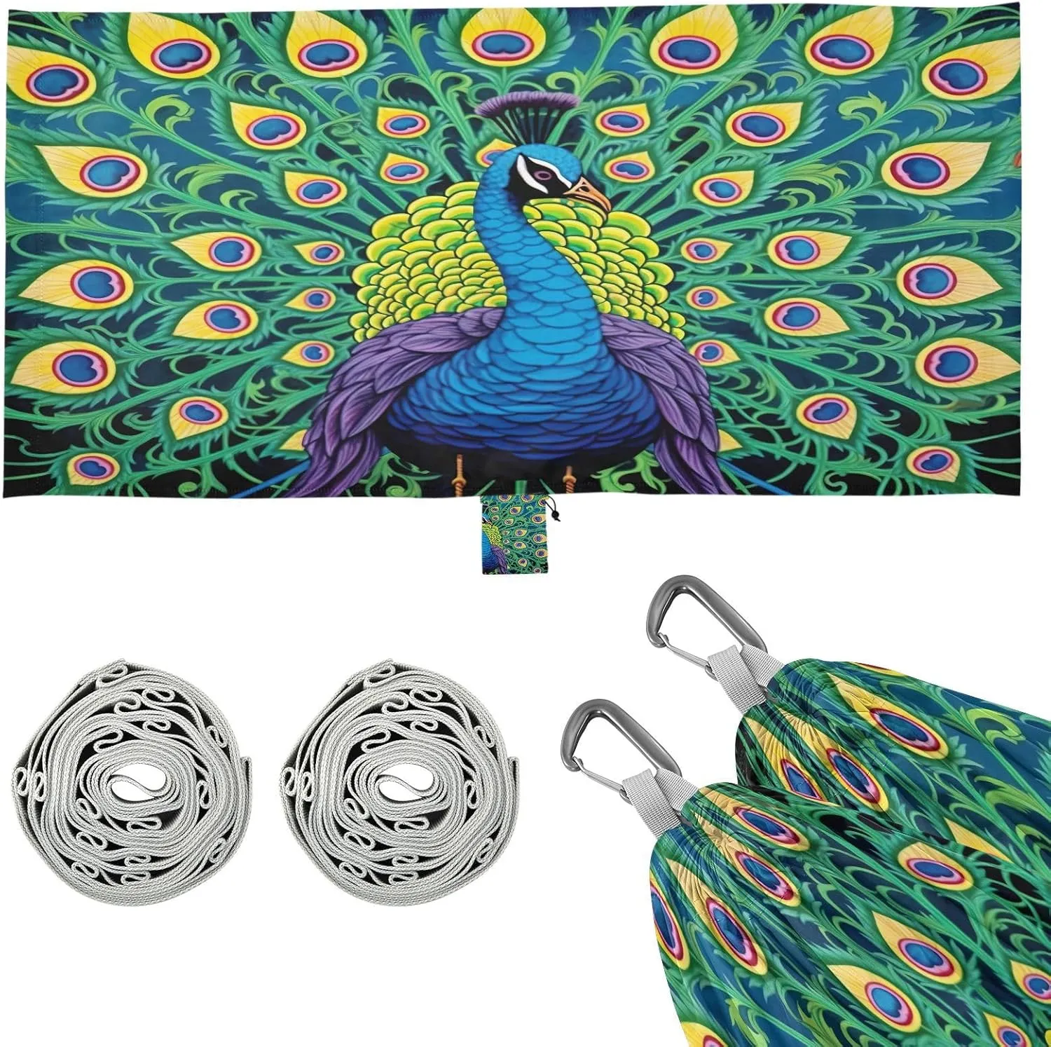 Cute Peacock Camping Hammock, 330 lbs with 2 Tree Straps, Carry Bag, Single Portable Hammock for Outdoor/Indoor, Hiking, Beach, Backpacking, Travel