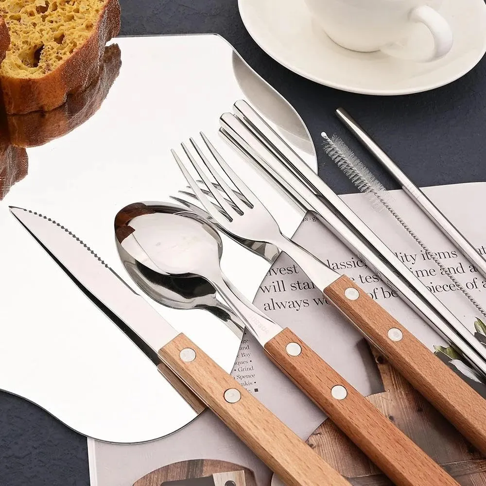 Cutlery Set 7Pcs Set Tableware Reusable Travel Set Camp Utensils Set 304 Stainless Steel Portable Cutlery Case 2Set Black