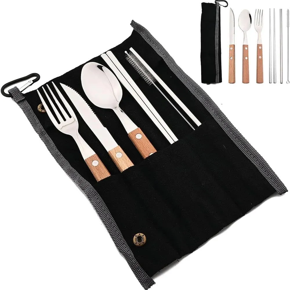 Cutlery Set 7Pcs Set Tableware Reusable Travel Set Camp Utensils Set 304 Stainless Steel Portable Cutlery Case 2Set Black