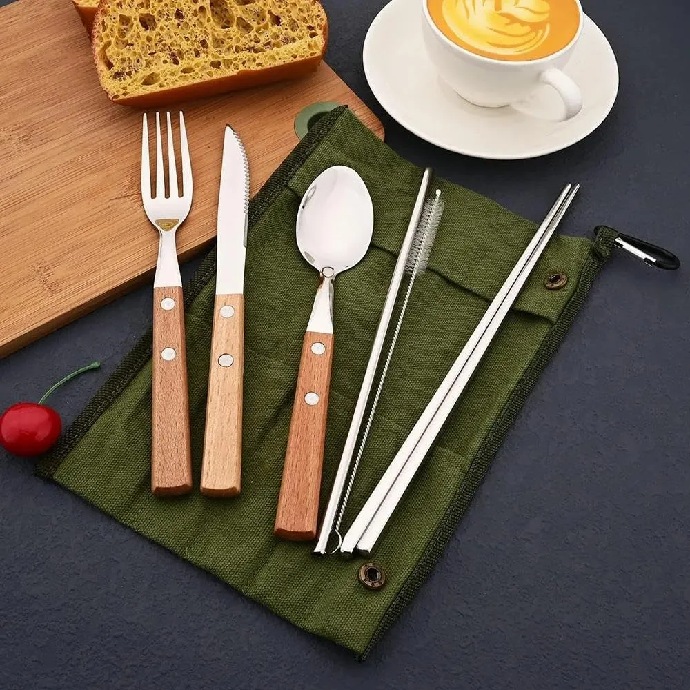 Cutlery Set 7Pcs Set Tableware Reusable Travel Set Camp Utensils Set 304 Stainless Steel Portable Cutlery Case 2Set Black