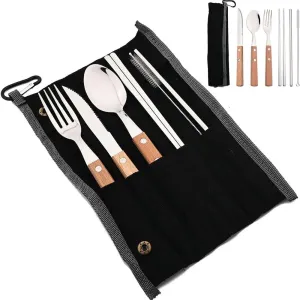 Cutlery Set 7Pcs Set Tableware Reusable Travel Set Camp Utensils Set 304 Stainless Steel Portable Cutlery Case 2Set Black