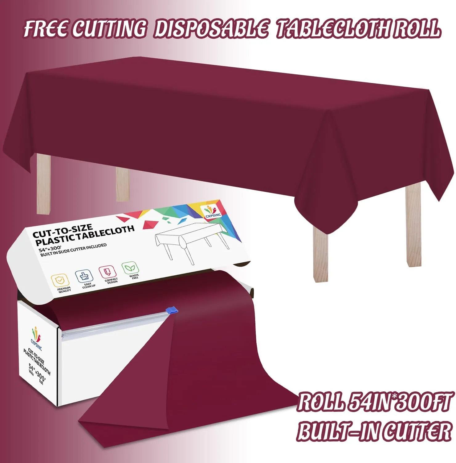 CXPSINC 54 Inch X 300 Feet Plastic Table Cover Roll Disposable Tablecloth with Slide Cutter for All Type/Shape Tables | Picnic, Party, Banquet, Birthdays, Weddings (Burgundy, 300 Feet)