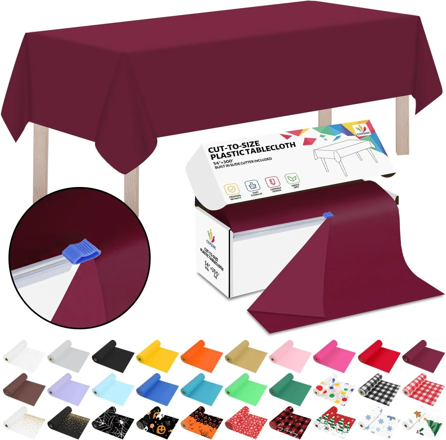 CXPSINC 54 Inch X 300 Feet Plastic Table Cover Roll Disposable Tablecloth with Slide Cutter for All Type/Shape Tables | Picnic, Party, Banquet, Birthdays, Weddings (Burgundy, 300 Feet)