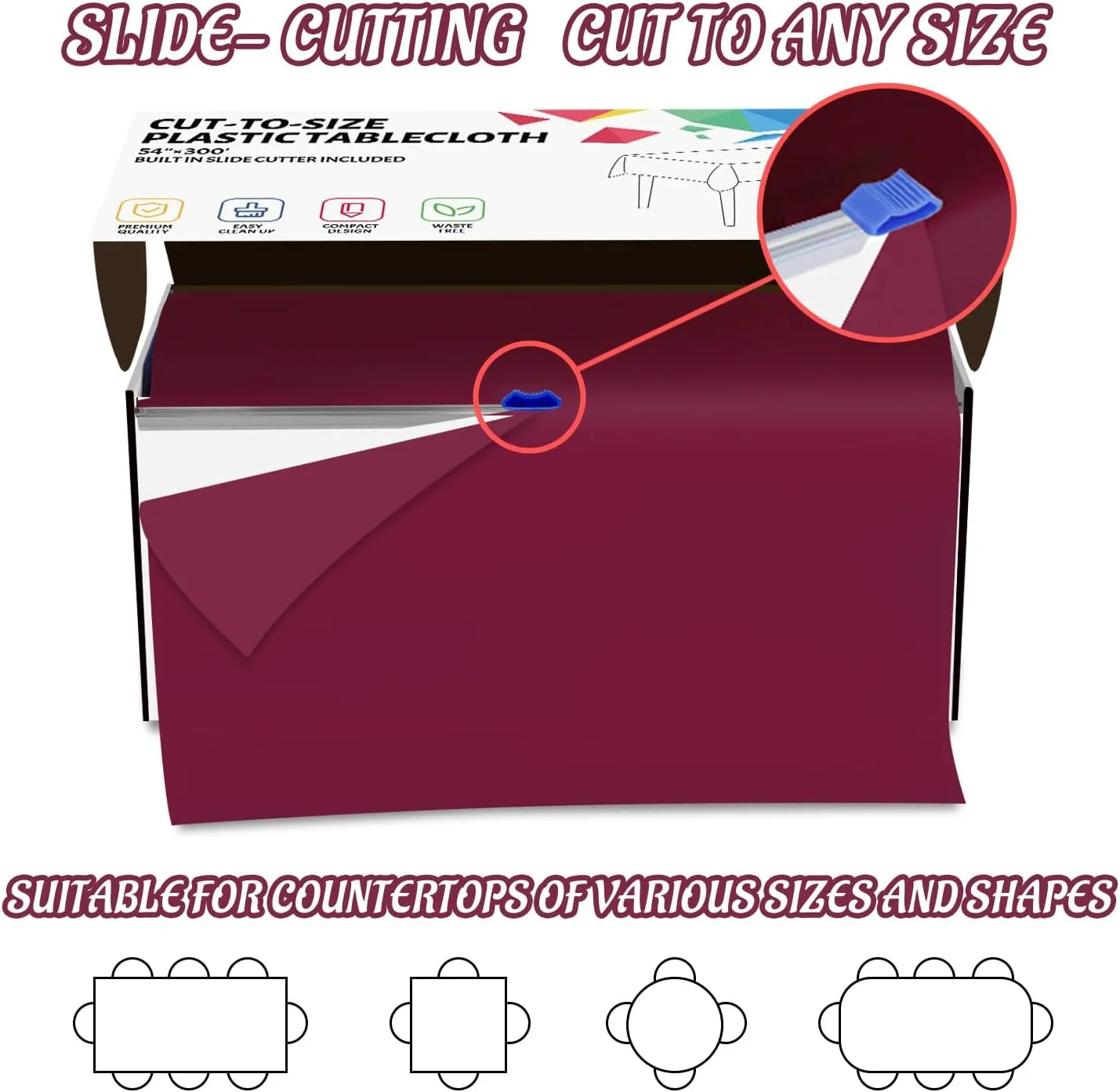 CXPSINC 54 Inch X 300 Feet Plastic Table Cover Roll Disposable Tablecloth with Slide Cutter for All Type/Shape Tables | Picnic, Party, Banquet, Birthdays, Weddings (Burgundy, 300 Feet)