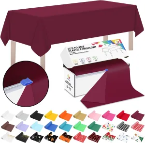 CXPSINC 54 Inch X 300 Feet Plastic Table Cover Roll Disposable Tablecloth with Slide Cutter for All Type/Shape Tables | Picnic, Party, Banquet, Birthdays, Weddings (Burgundy, 300 Feet)