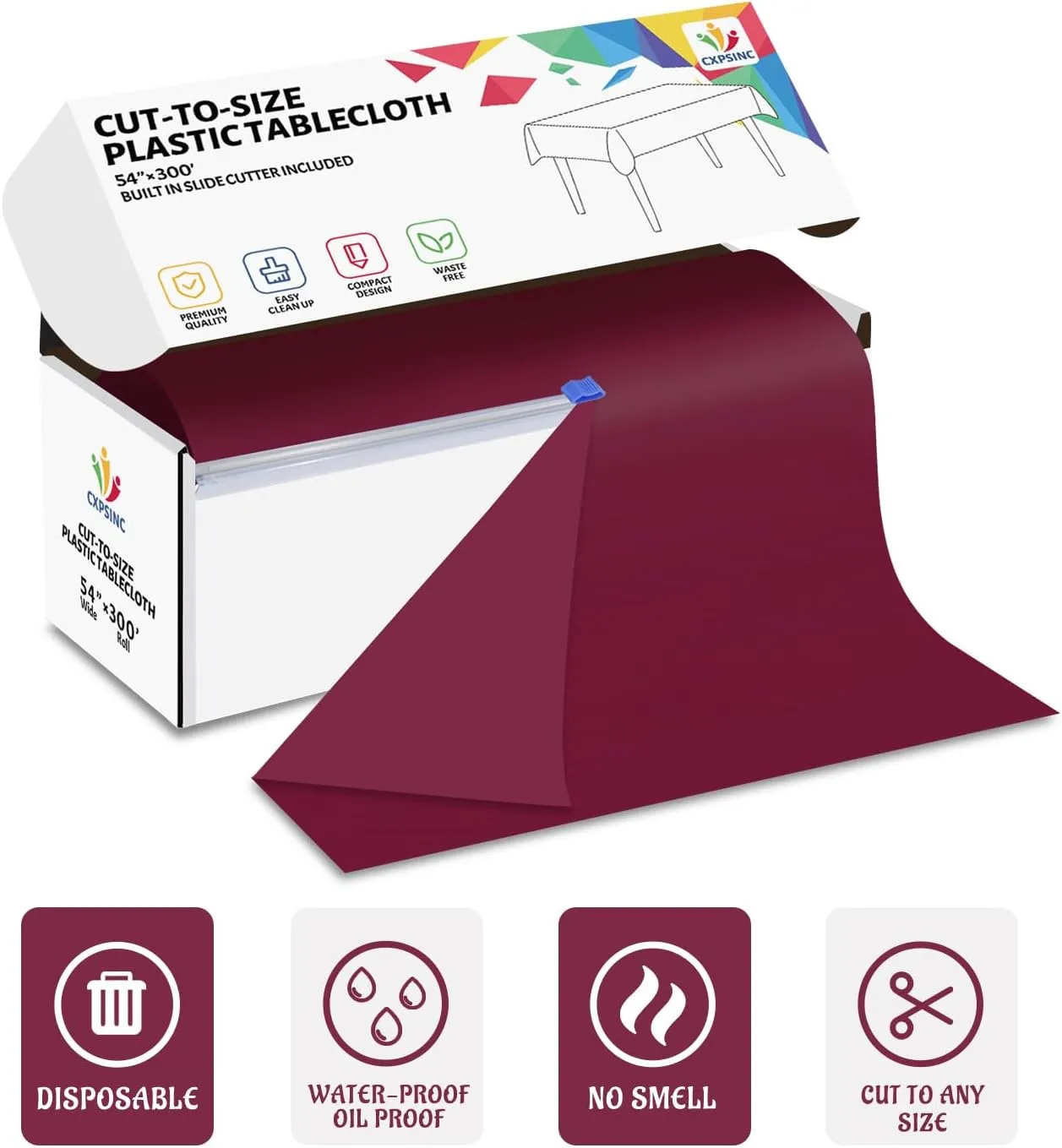 CXPSINC 54 Inch X 300 Feet Plastic Table Cover Roll Disposable Tablecloth with Slide Cutter for All Type/Shape Tables | Picnic, Party, Banquet, Birthdays, Weddings (Burgundy, 300 Feet)