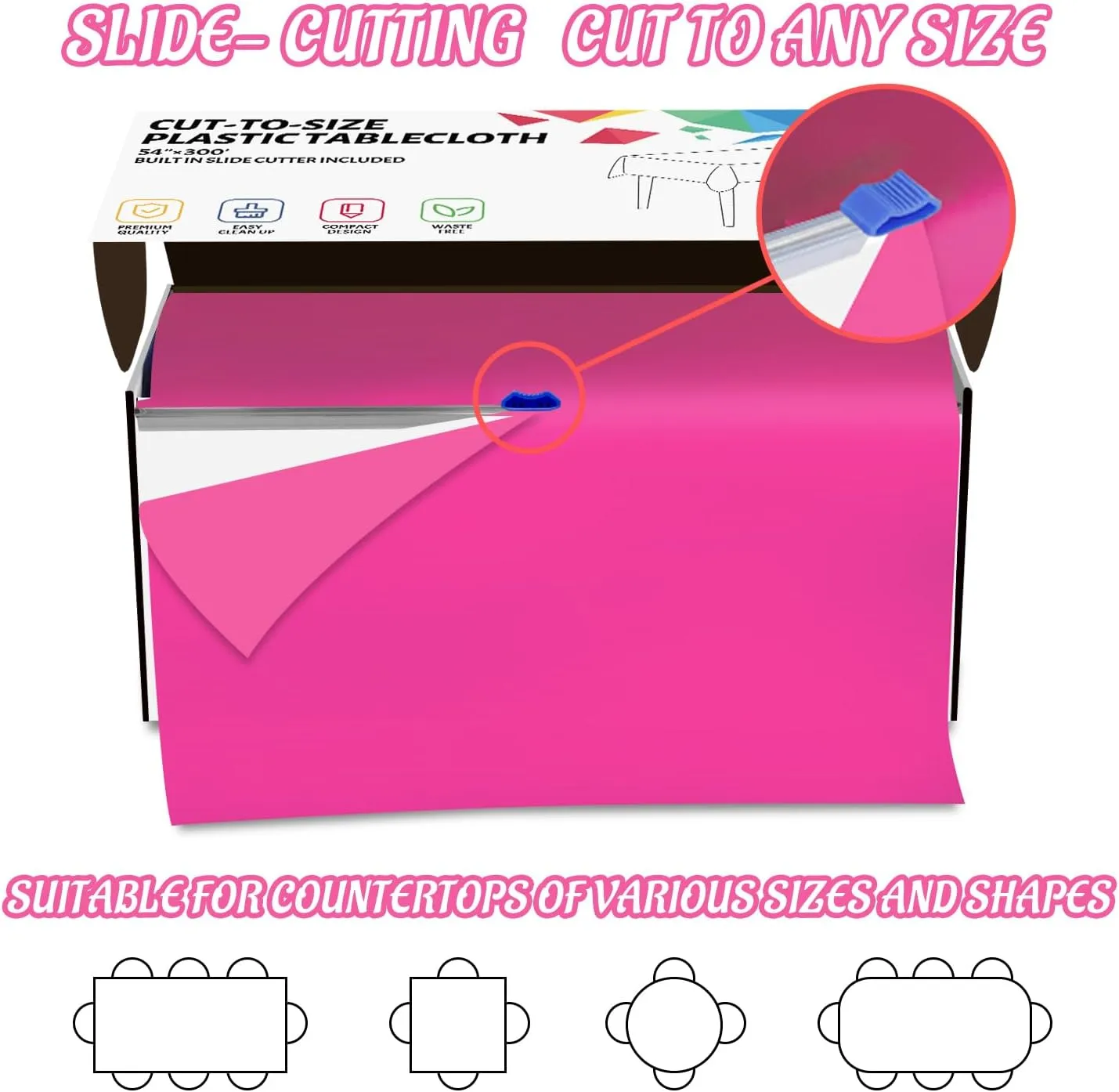 CXPSINC 54 Inch X 300 Feet Plastic Table Cover Roll Disposable Tablecloth with Slide Cutter for All Type/Shape Tables | Picnic, Party, Banquet, Birthdays, Weddings (Fuchsia, 300 Feet)