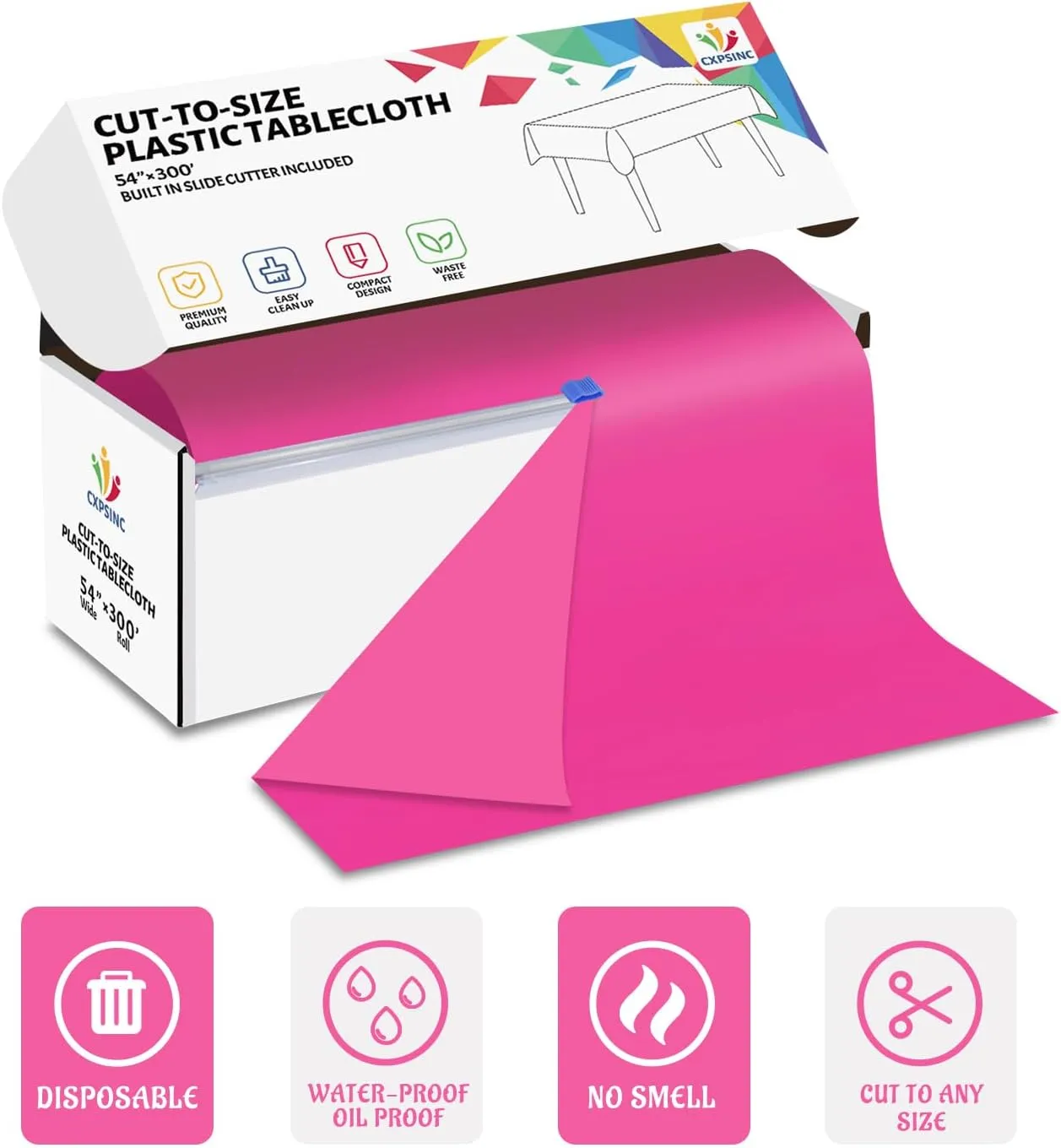 CXPSINC 54 Inch X 300 Feet Plastic Table Cover Roll Disposable Tablecloth with Slide Cutter for All Type/Shape Tables | Picnic, Party, Banquet, Birthdays, Weddings (Fuchsia, 300 Feet)