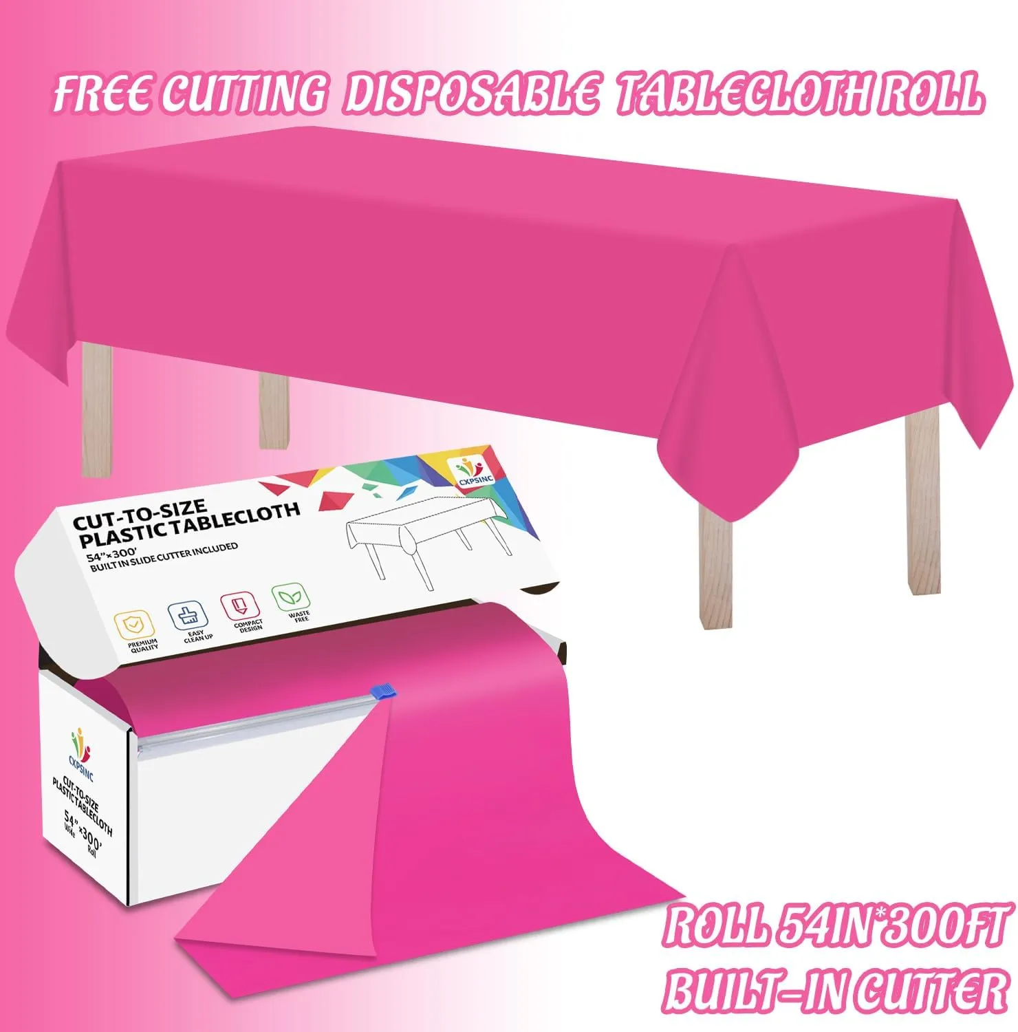 CXPSINC 54 Inch X 300 Feet Plastic Table Cover Roll Disposable Tablecloth with Slide Cutter for All Type/Shape Tables | Picnic, Party, Banquet, Birthdays, Weddings (Fuchsia, 300 Feet)