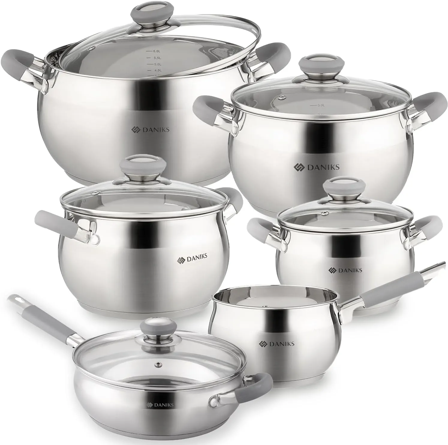 Daniks Modern 11-Piece Stainless Steel Induction Cookware Set – Dishwasher Safe Saucepan, Pots with Heatproof Handles, Glass Lids, Frying Pan with Lid, Silver