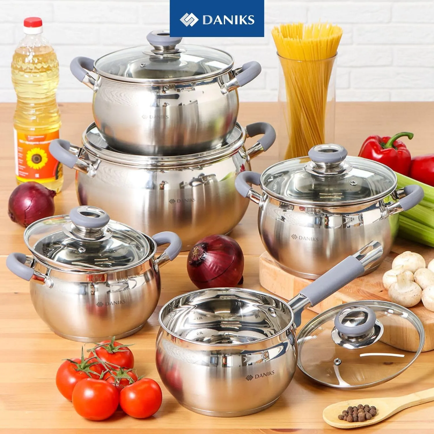 Daniks Modern 11-Piece Stainless Steel Induction Cookware Set – Dishwasher Safe Saucepan, Pots with Heatproof Handles, Glass Lids, Frying Pan with Lid, Silver