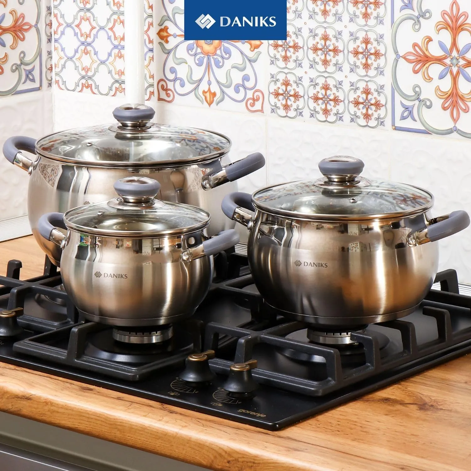 Daniks Modern 11-Piece Stainless Steel Induction Cookware Set – Dishwasher Safe Saucepan, Pots with Heatproof Handles, Glass Lids, Frying Pan with Lid, Silver