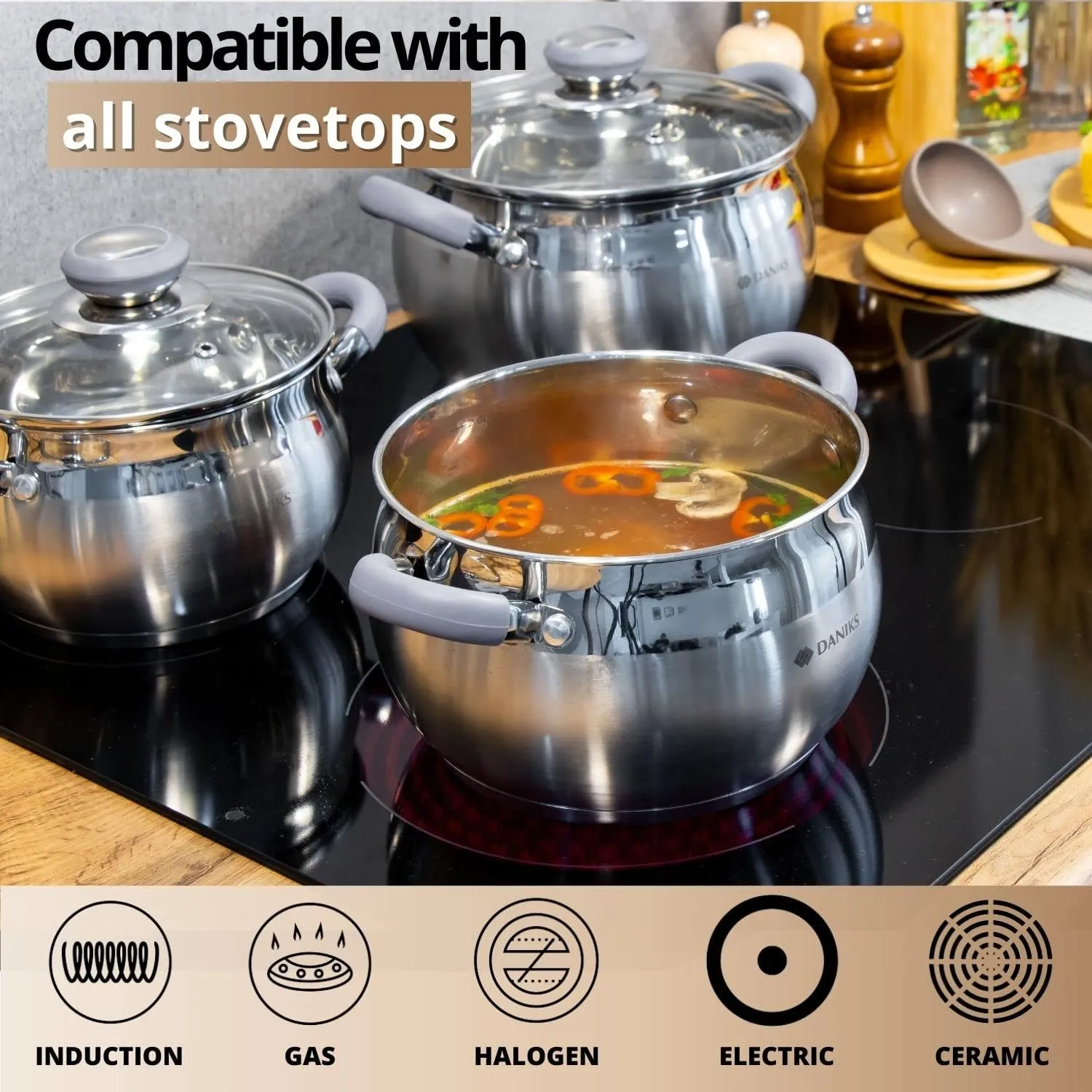 Daniks Modern 11-Piece Stainless Steel Induction Cookware Set – Dishwasher Safe Saucepan, Pots with Heatproof Handles, Glass Lids, Frying Pan with Lid, Silver