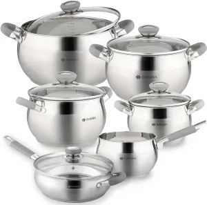 Daniks Modern 11-Piece Stainless Steel Induction Cookware Set – Dishwasher Safe Saucepan, Pots with Heatproof Handles, Glass Lids, Frying Pan with Lid, Silver