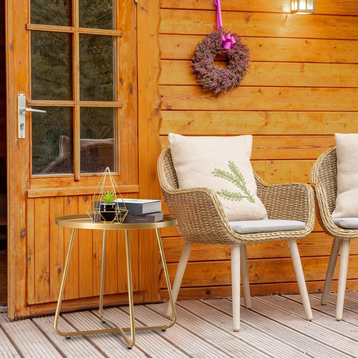 danpinera Outdoor Side Tables, Weather Resistant Steel Patio Side Table, Small Round Outdoor End Table Metal Side Table for Patio Yard Balcony Garden Bedside (Gold)