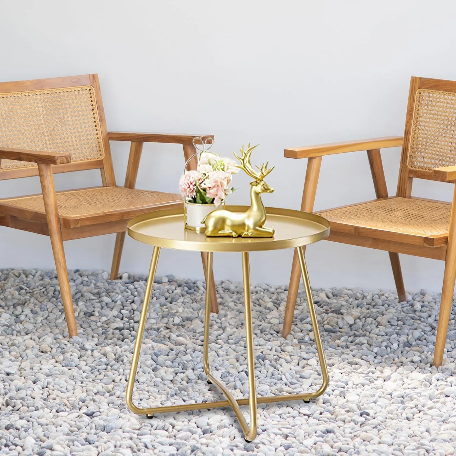danpinera Outdoor Side Tables, Weather Resistant Steel Patio Side Table, Small Round Outdoor End Table Metal Side Table for Patio Yard Balcony Garden Bedside (Gold)