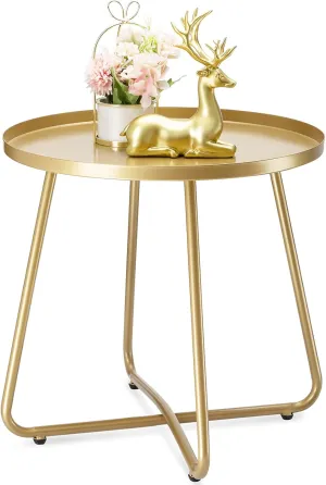 danpinera Outdoor Side Tables, Weather Resistant Steel Patio Side Table, Small Round Outdoor End Table Metal Side Table for Patio Yard Balcony Garden Bedside (Gold)