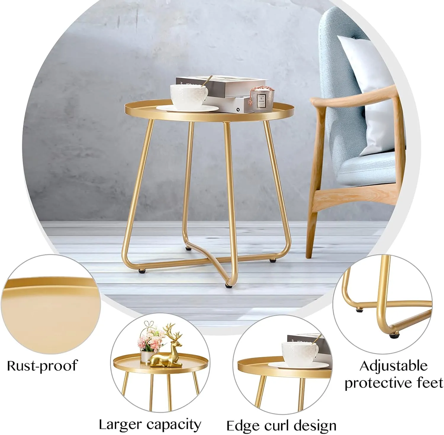 danpinera Outdoor Side Tables, Weather Resistant Steel Patio Side Table, Small Round Outdoor End Table Metal Side Table for Patio Yard Balcony Garden Bedside (Gold)