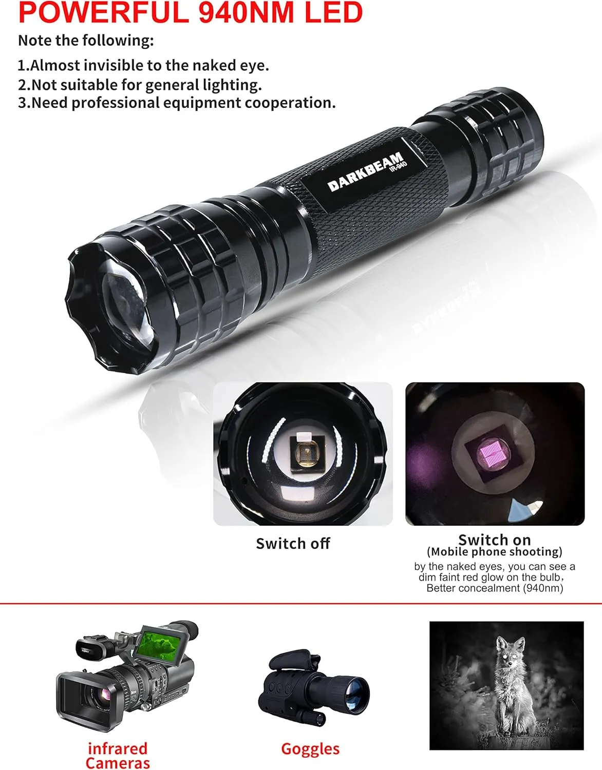 DARKBEAM ir Flashlight Infrared 940nm Lights LED Mini for Night Vision, Rechargeable Portable Tactical ir Illuminator Torch, Focus Adjustable for Hunting, Observation, Search