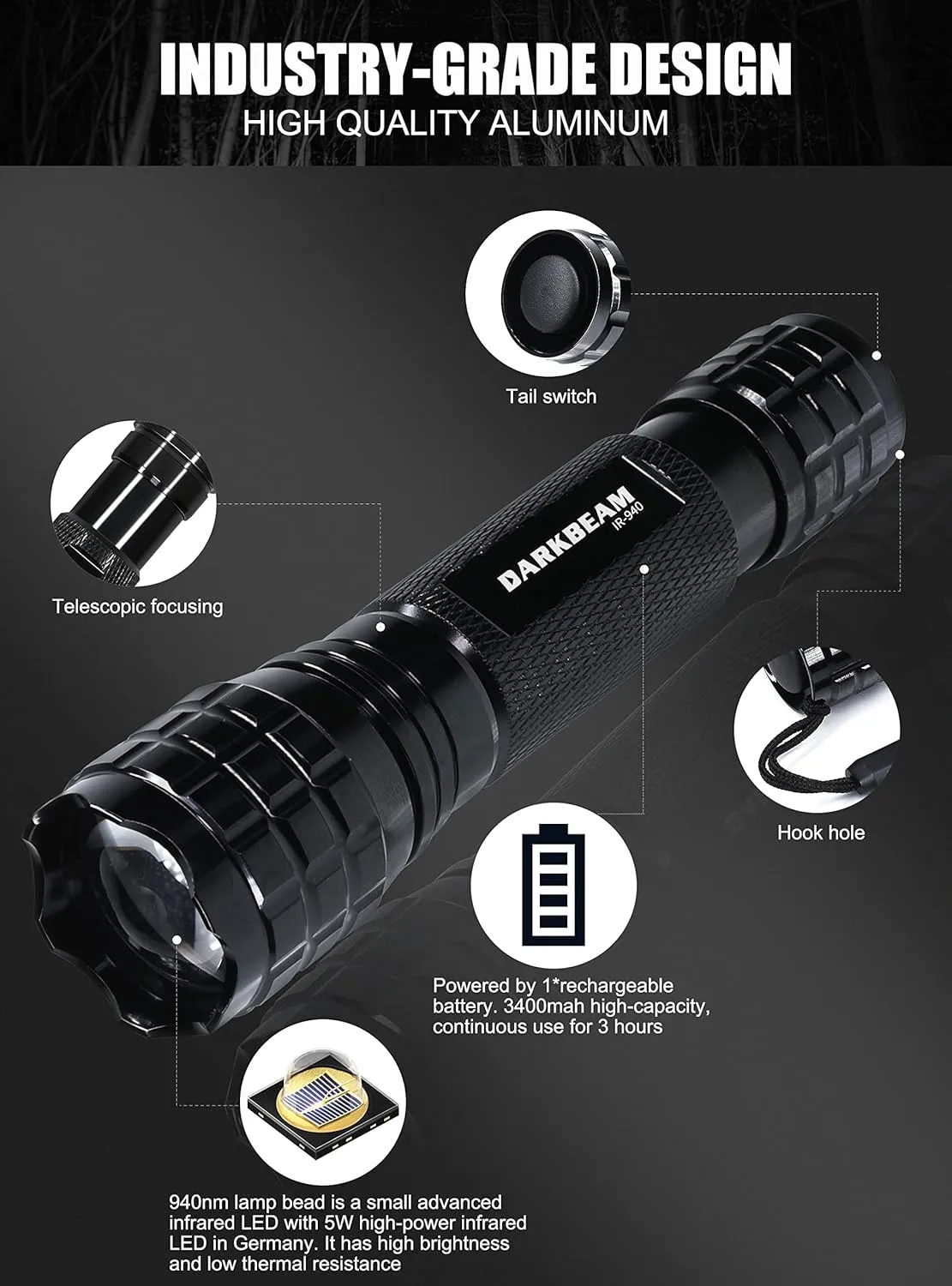 DARKBEAM ir Flashlight Infrared 940nm Lights LED Mini for Night Vision, Rechargeable Portable Tactical ir Illuminator Torch, Focus Adjustable for Hunting, Observation, Search