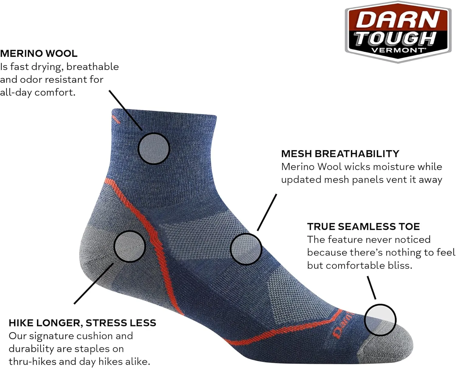 Darn Tough (Style 1991) Men's 1/4 Sock Lightweight with Cushion Hike Trek Sock