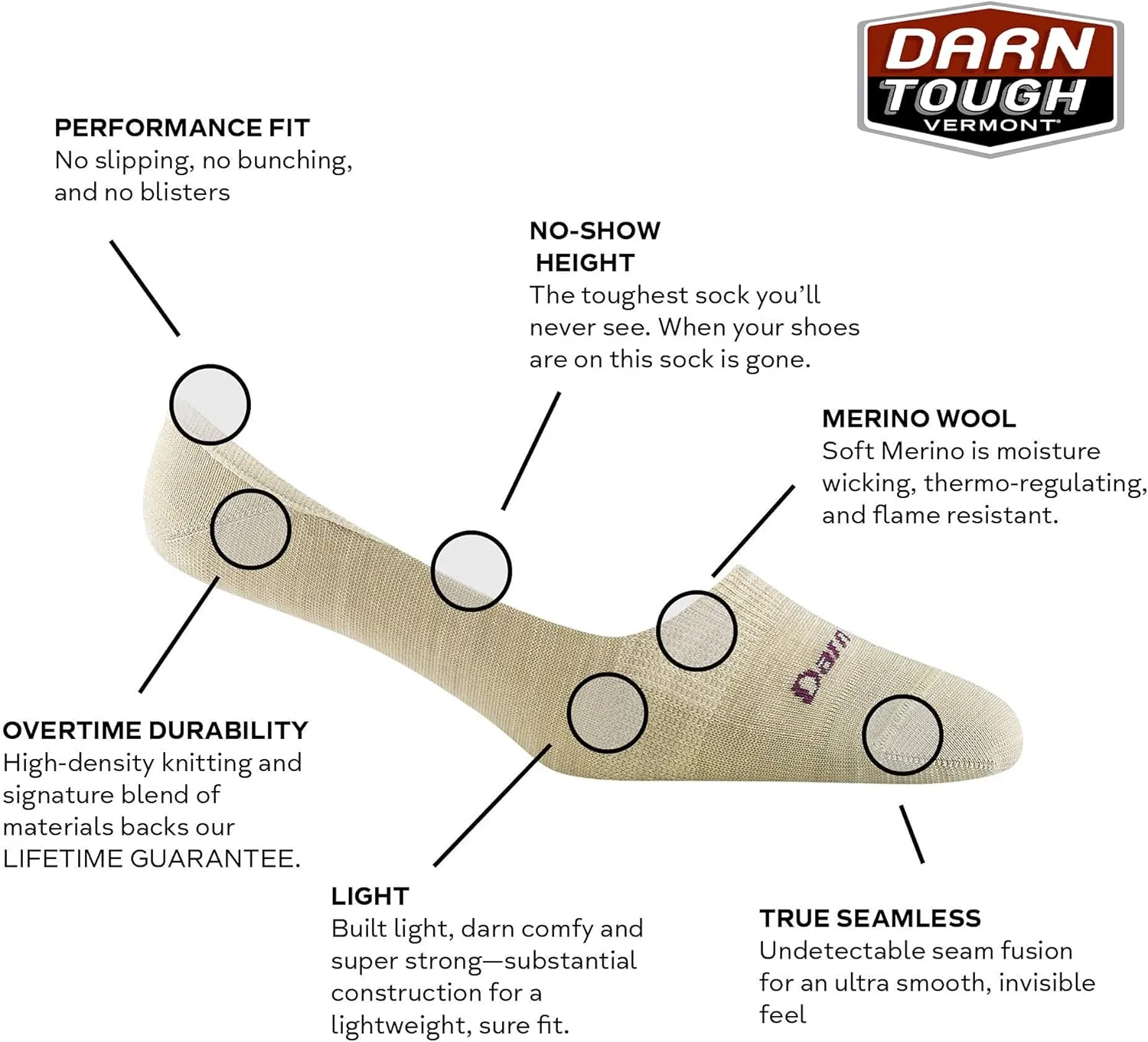 Darn Tough Women's Top Down Solid No Show Invisible Lightweight Lifestyle Sock (Style 6044) -