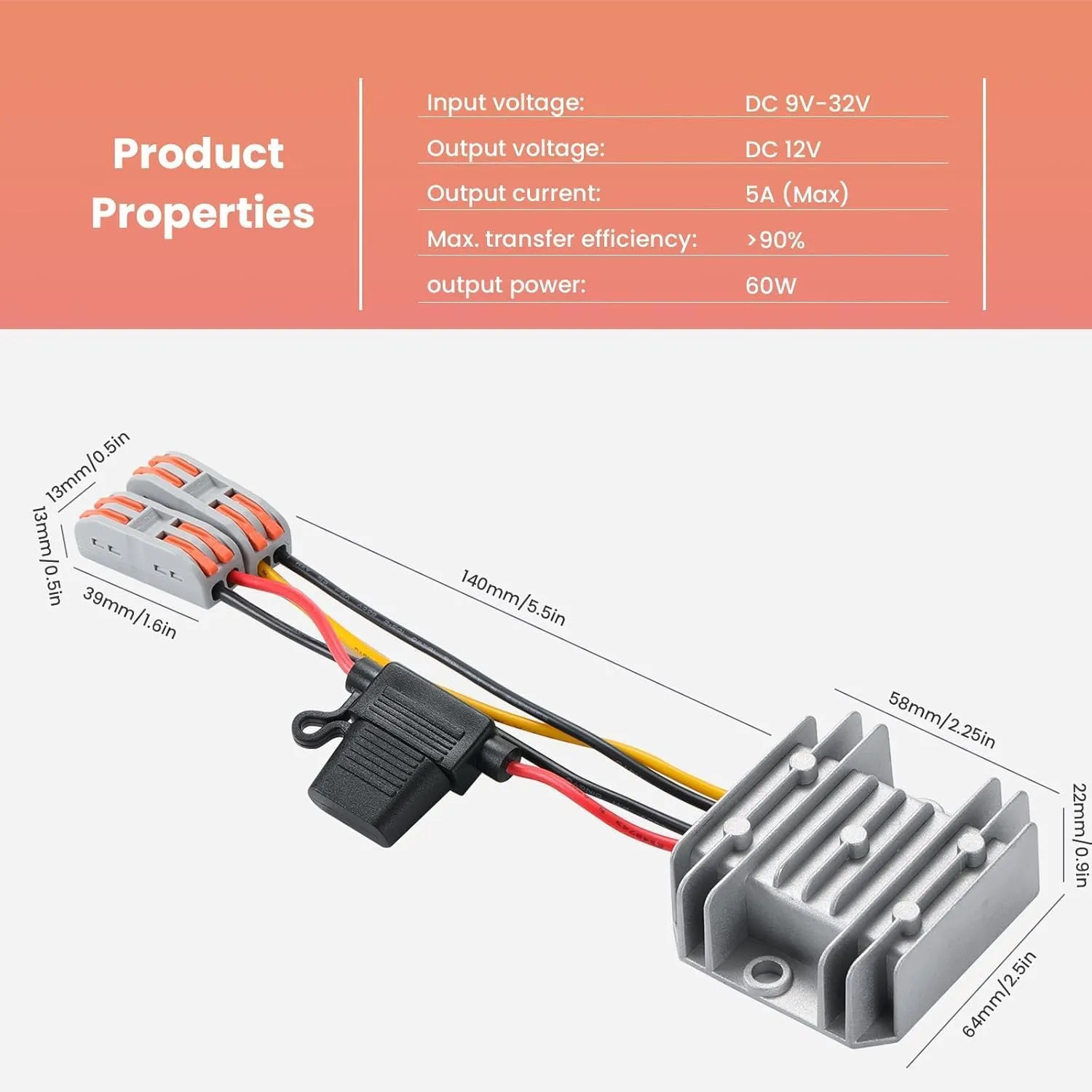 DC/DC 9-32V to 12V Buck Converter, 12V/24V to 60W Step Down Voltage Regulator 12V5A Output - Waterproof Power Module for RV Solar Systems, Marine Electronics, Off-Road Light Bars