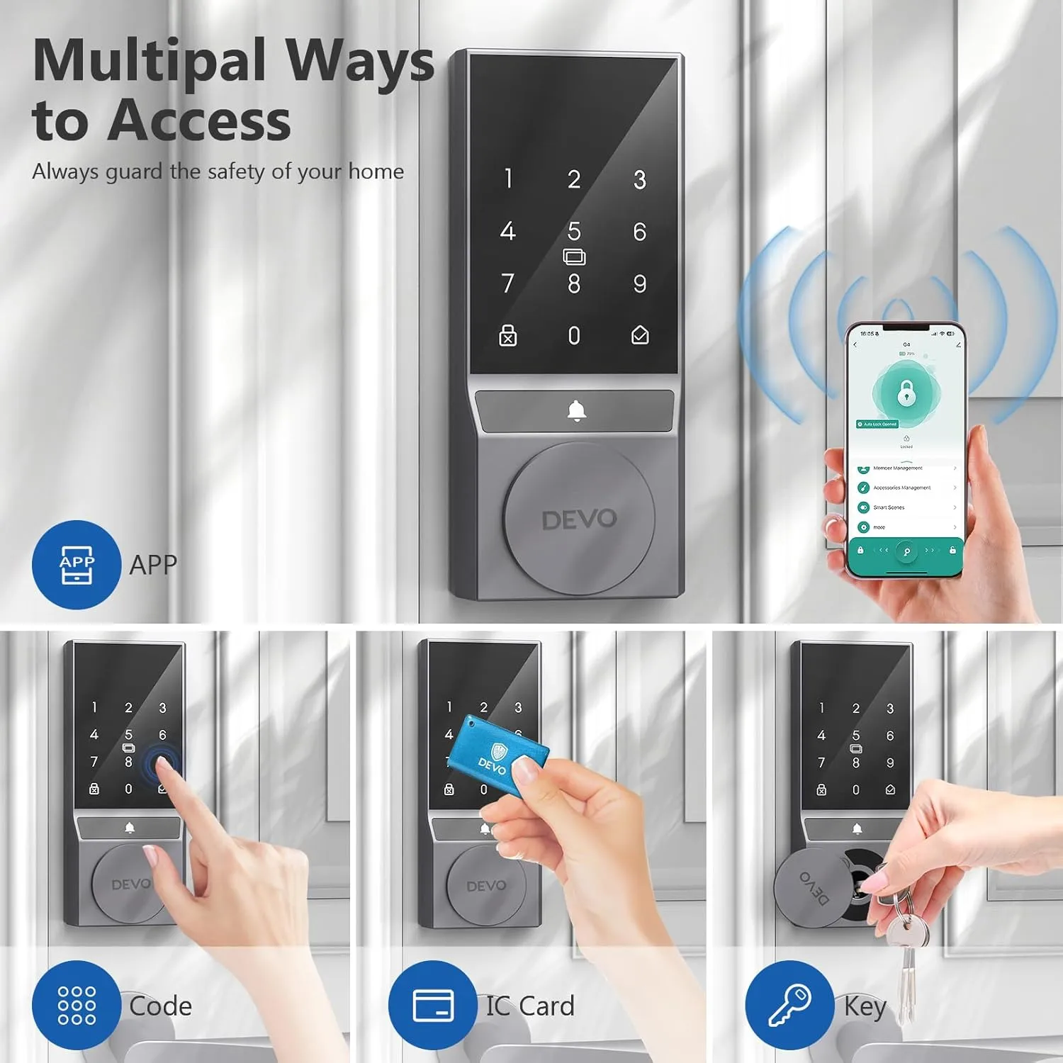 Devo G4 Smart Lock, Keyless Entry Door Lock for Front Door, Bluetooth Smart Deadbolt, App Remote Control, Digital Smart Door Locks, Electronic Touchscreen Keypad, Auto Lock, Easy Installation(Gray)