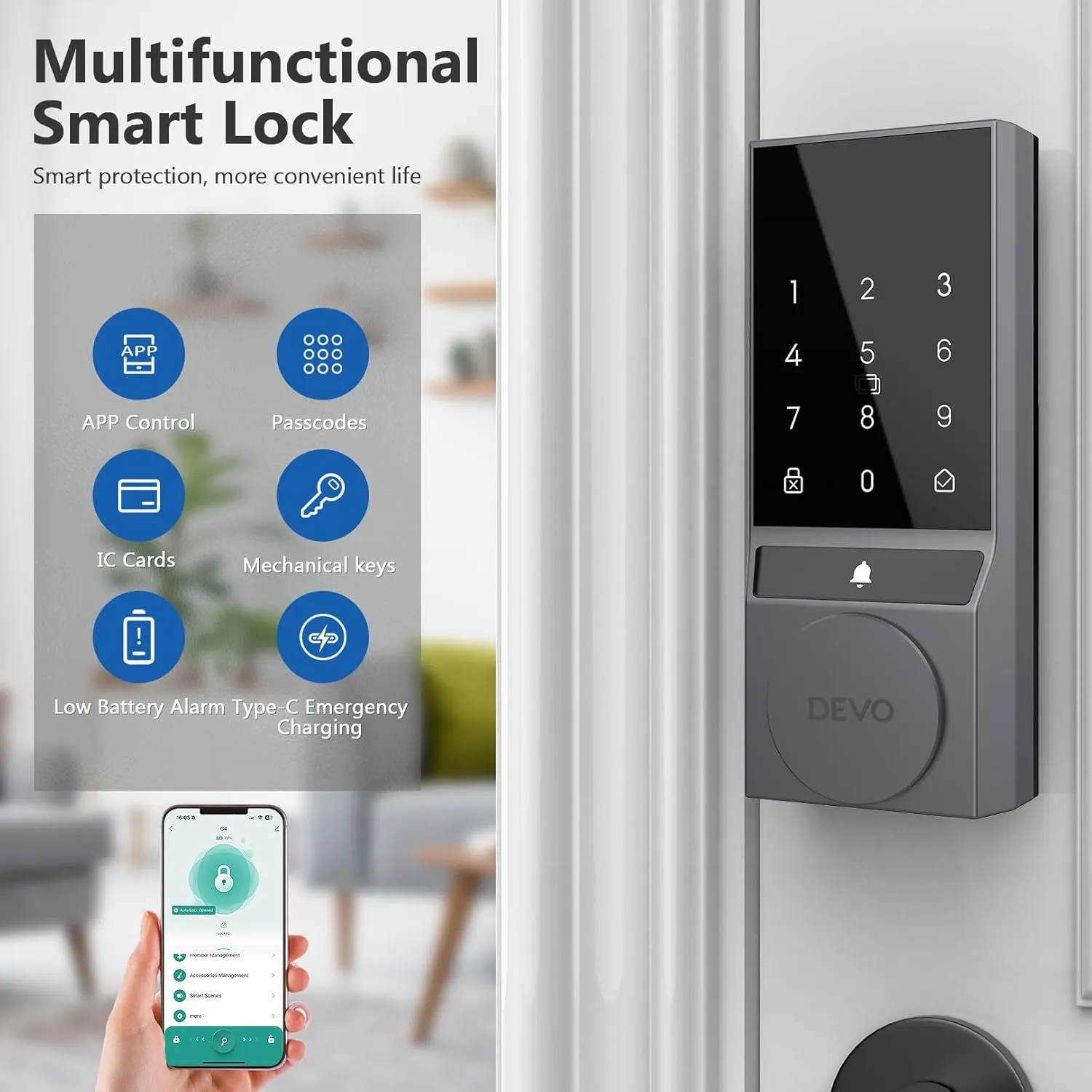 Devo G4 Smart Lock, Keyless Entry Door Lock for Front Door, Bluetooth Smart Deadbolt, App Remote Control, Digital Smart Door Locks, Electronic Touchscreen Keypad, Auto Lock, Easy Installation(Gray)