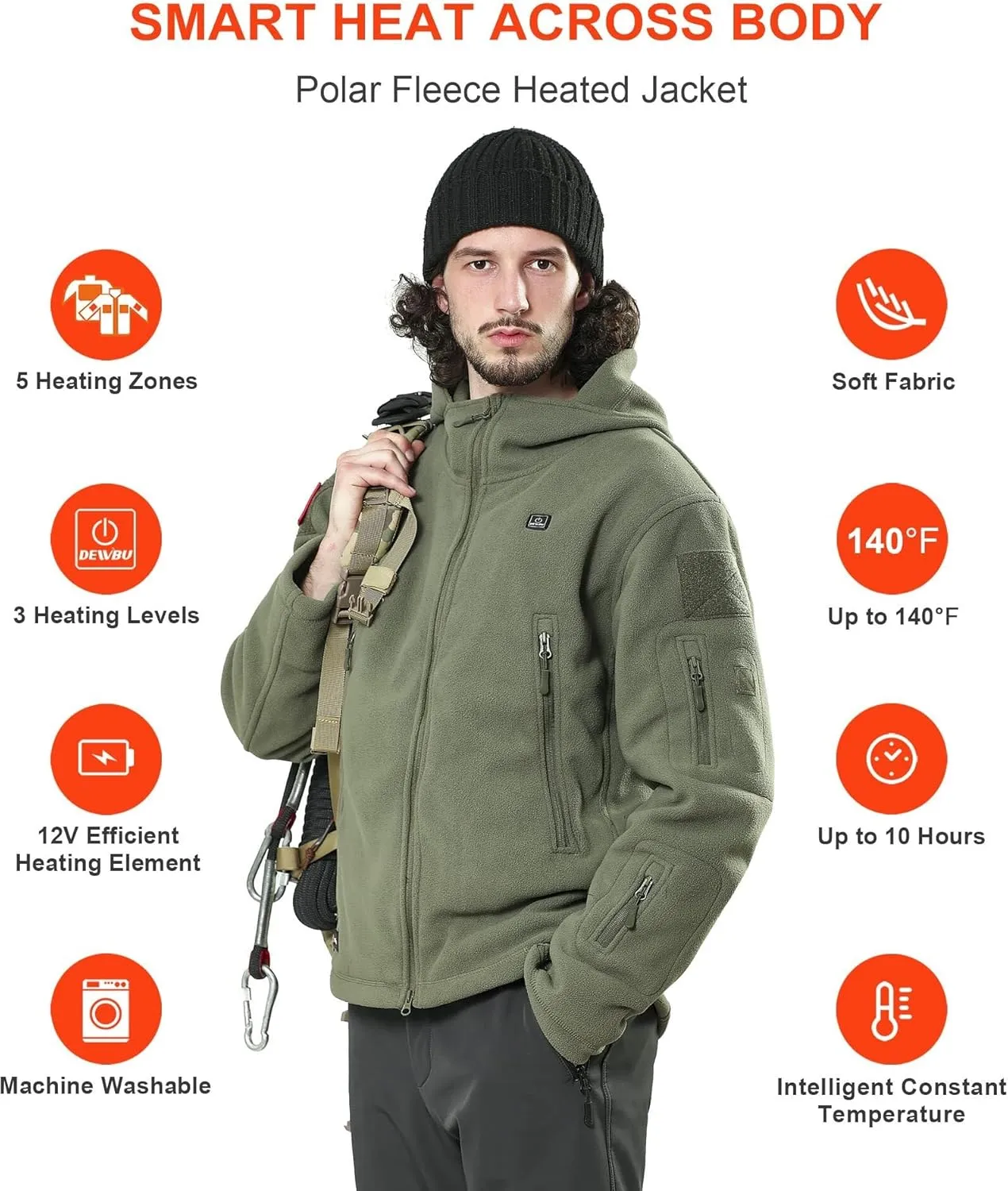 DEWBU Heated Jacket Polar Fleece with 12V Battery Pack Soft Fleece Electric Heating Hoodie for Men