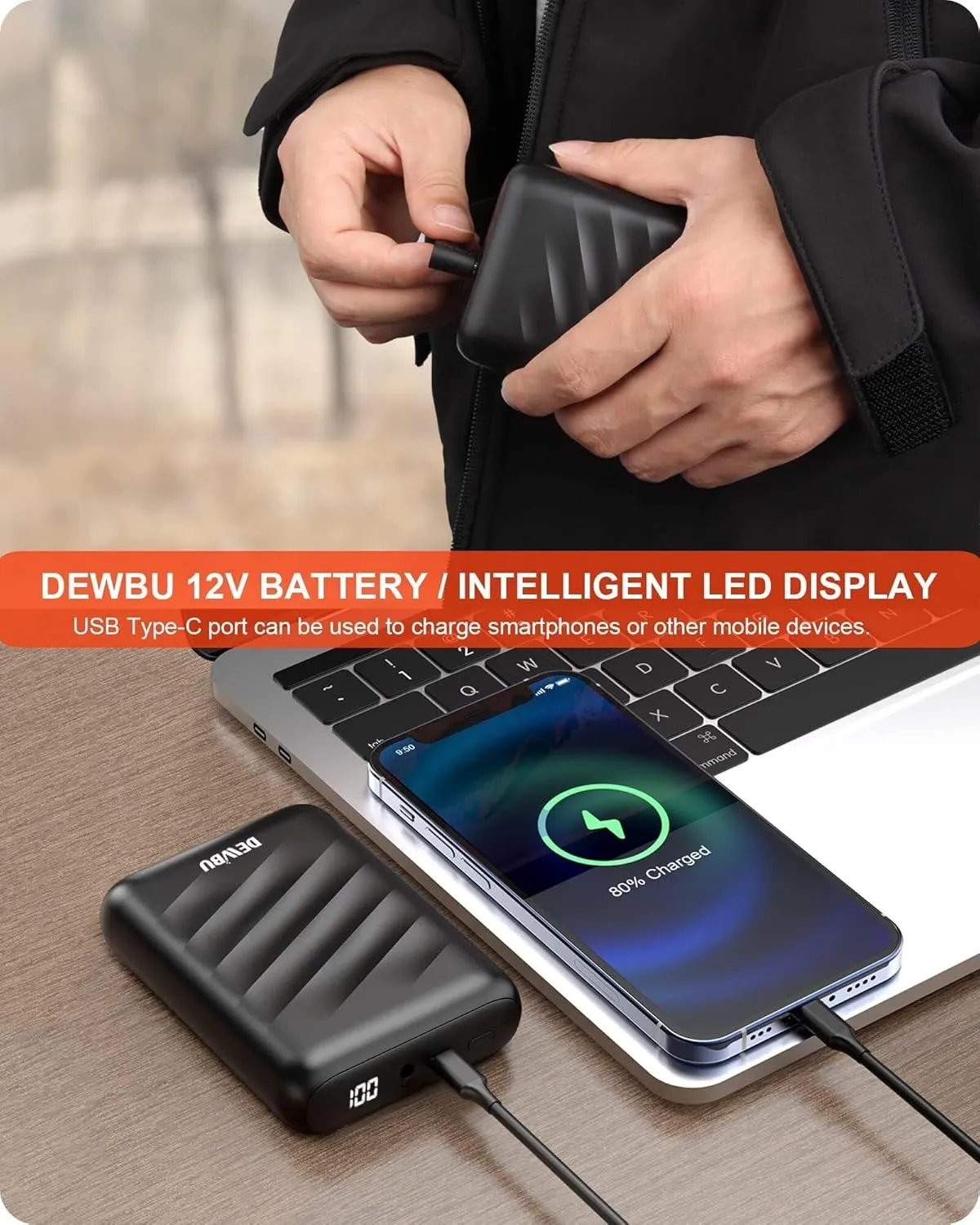 DEWBU Soft Shell Heated Jacket for Men with 12V Battery Pack and Detachable Hood Outdoor Electric Heating Coat