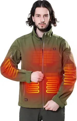 DEWBU Soft Shell Heated Jacket for Men with 12V Battery Pack and Detachable Hood Outdoor Electric Heating Coat
