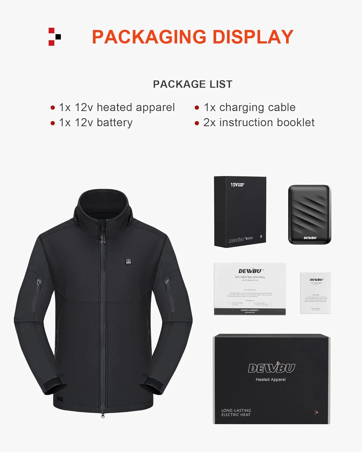 DEWBU Soft Shell Heated Jacket for Men with 12V Battery Pack and Detachable Hood Outdoor Electric Heating Coat