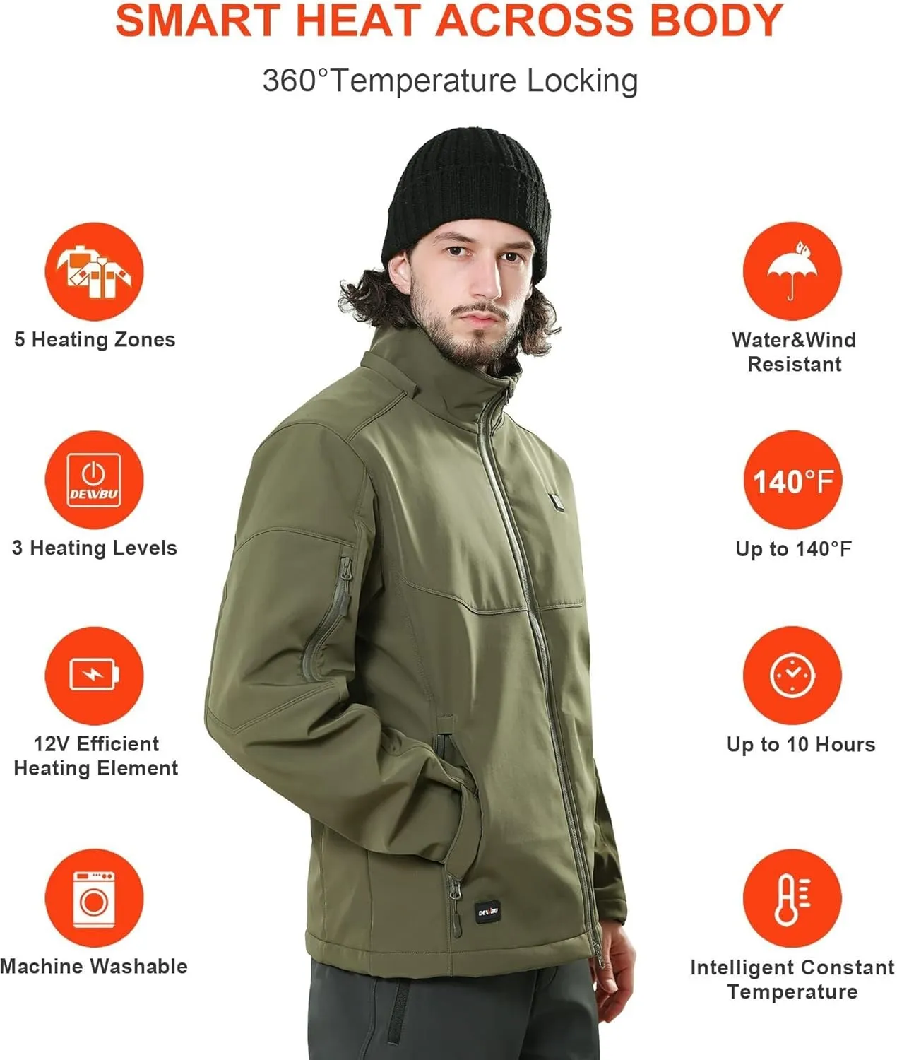 DEWBU Soft Shell Heated Jacket for Men with 12V Battery Pack and Detachable Hood Outdoor Electric Heating Coat