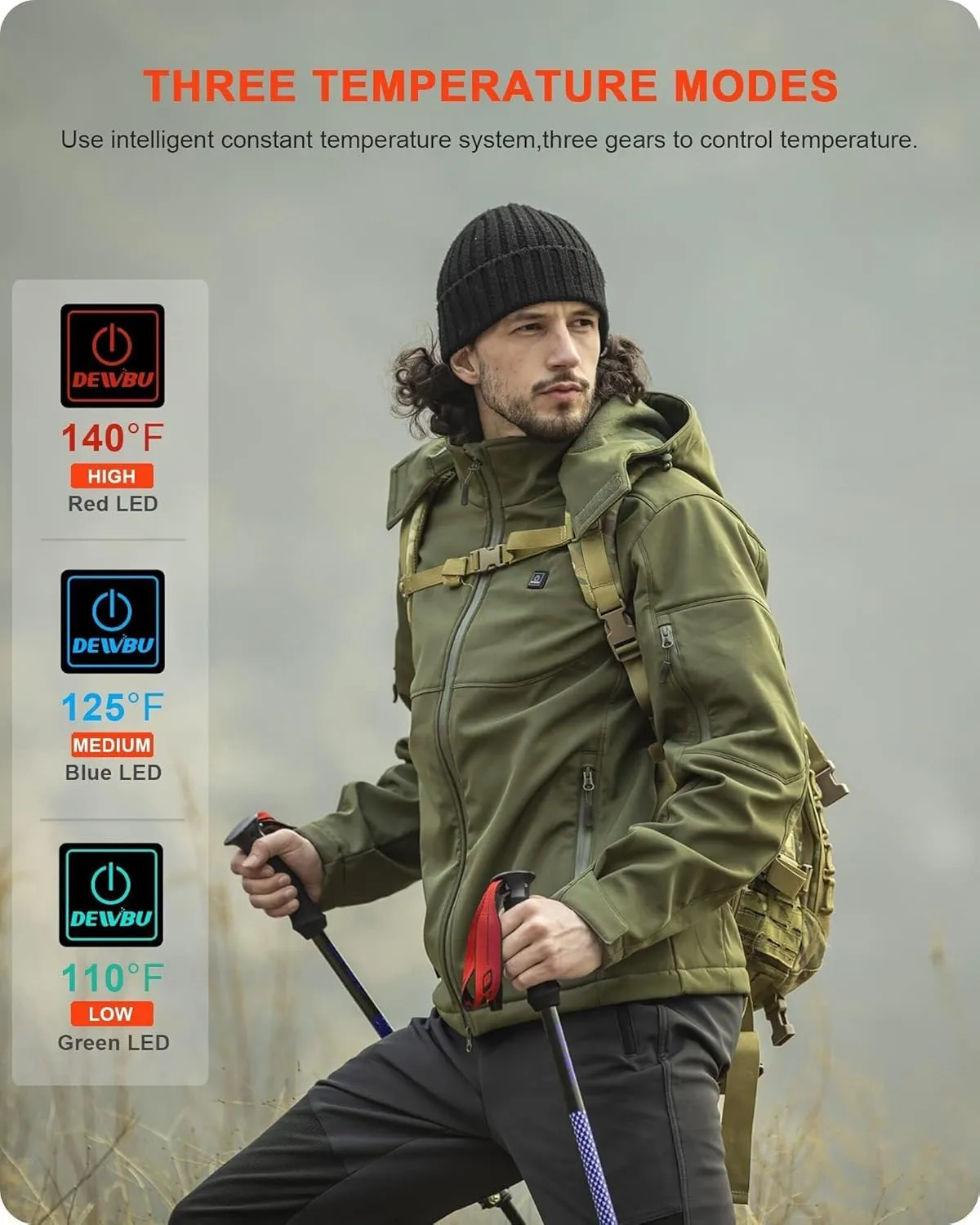 DEWBU Soft Shell Heated Jacket for Men with 12V Battery Pack and Detachable Hood Outdoor Electric Heating Coat