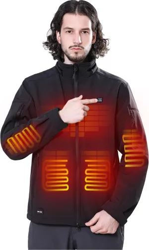 DEWBU Soft Shell Heated Jacket for Men with 12V Battery Pack and Detachable Hood Outdoor Electric Heating Coat