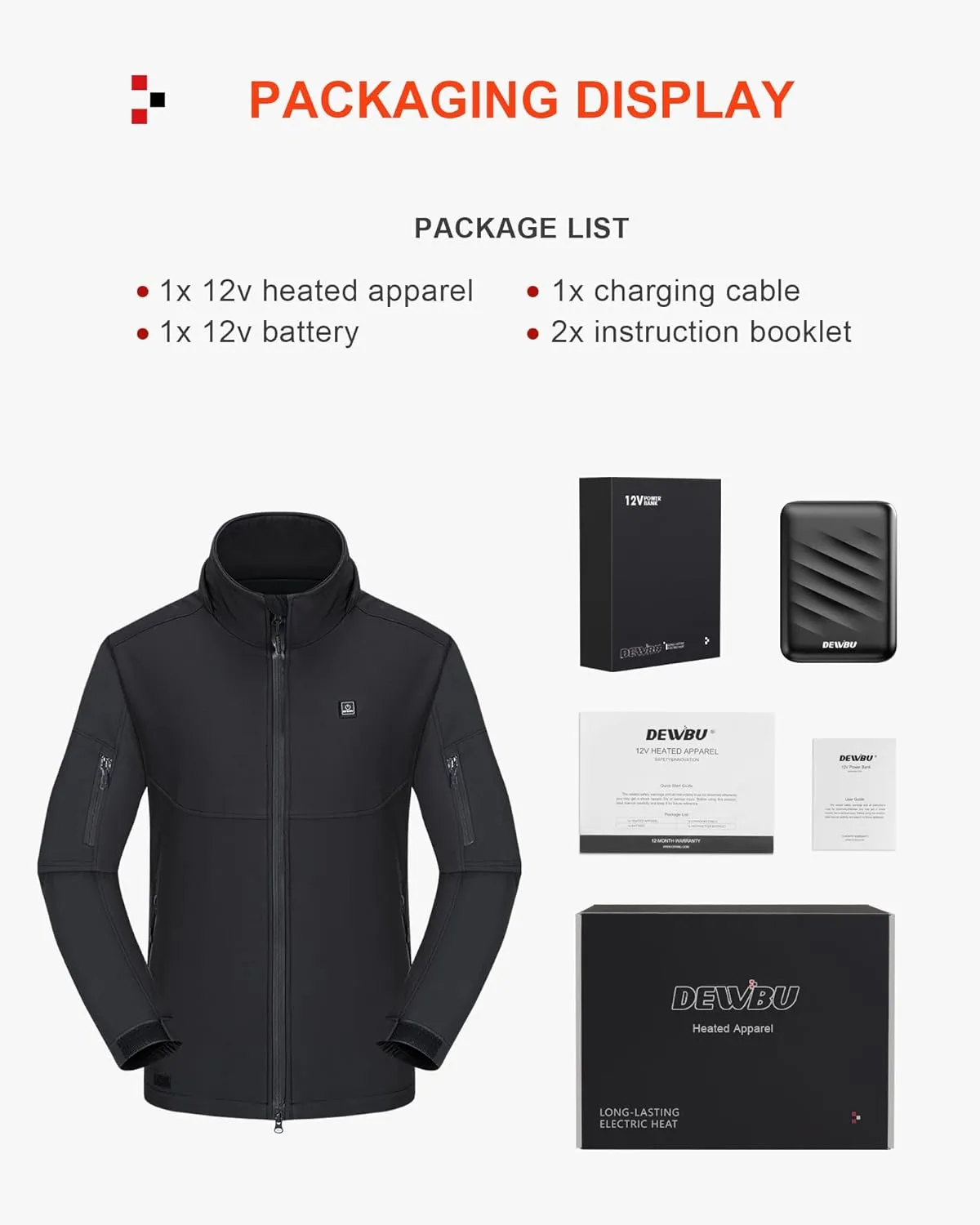 DEWBU Soft Shell Heated Jacket for Men with 12V Battery Pack and Detachable Hood Outdoor Electric Heating Coat