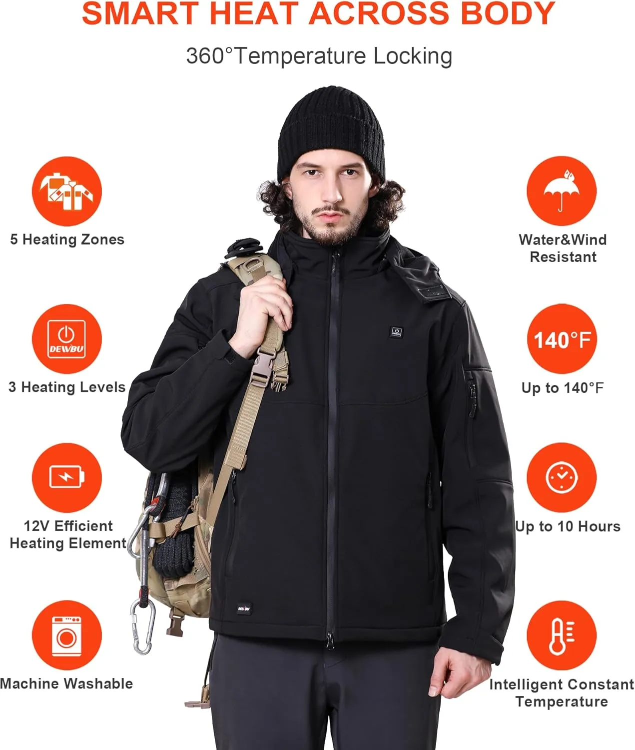 DEWBU Soft Shell Heated Jacket for Men with 12V Battery Pack and Detachable Hood Outdoor Electric Heating Coat