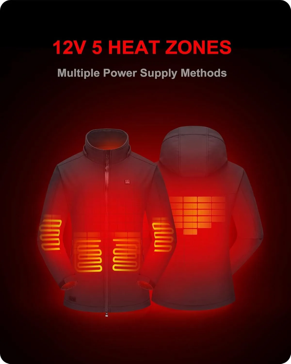DEWBU Soft Shell Heated Jacket for Women with 12V Battery Pack and Detachable Hood Outdoor Electric Heating Coat