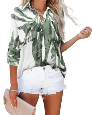 Diosun Womens Button Down Shirts V Neck Casual Long Sleeve Roll Up Loose Plain Blouses Tops with Pockets