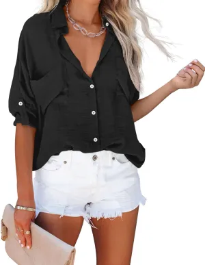 Diosun Womens Button Down Shirts V Neck Casual Long Sleeve Roll Up Loose Plain Blouses Tops with Pockets