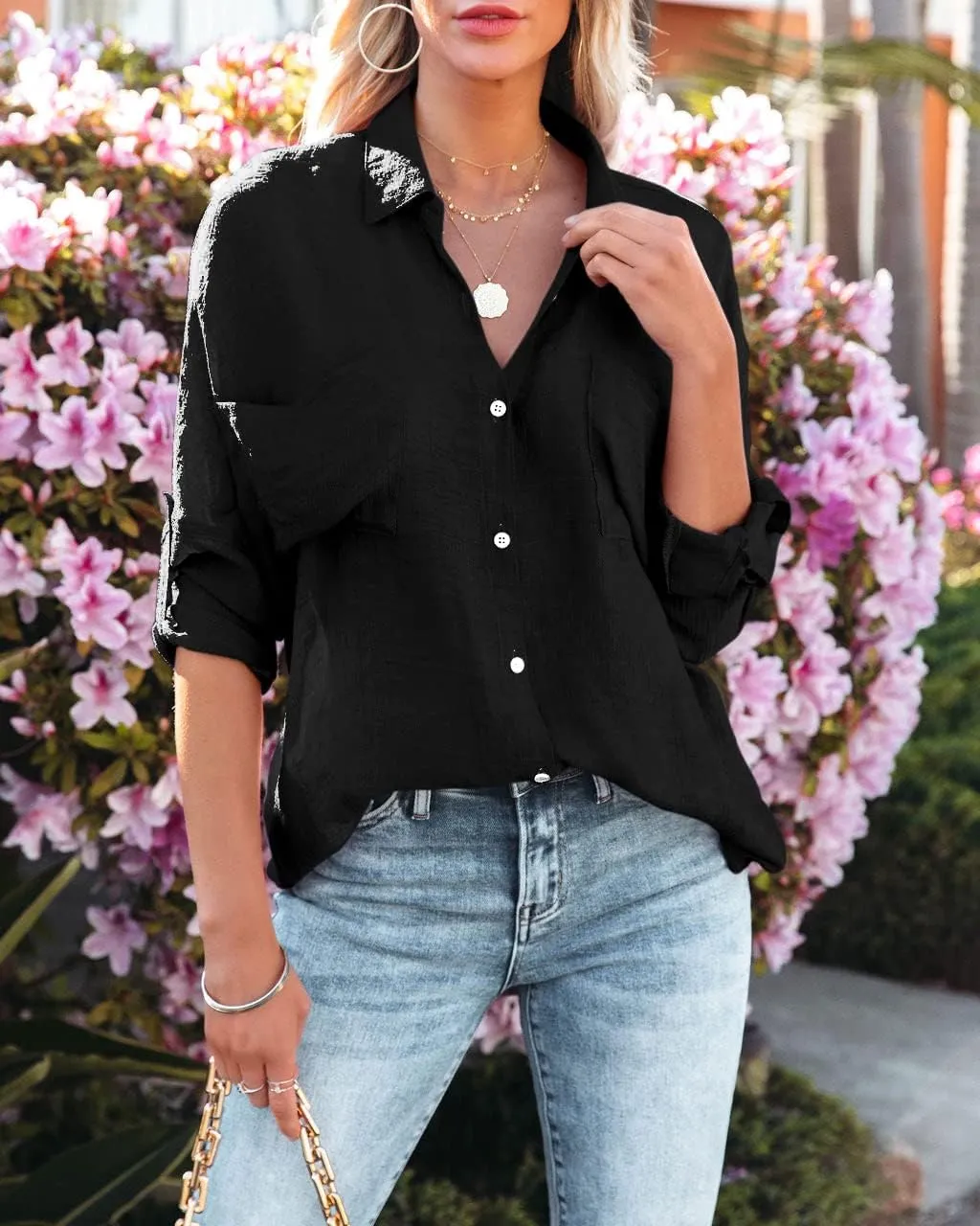 Diosun Womens Button Down Shirts V Neck Casual Long Sleeve Roll Up Loose Plain Blouses Tops with Pockets