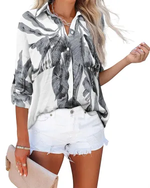 Diosun Womens Button Down Shirts V Neck Casual Long Sleeve Roll Up Loose Plain Blouses Tops with Pockets