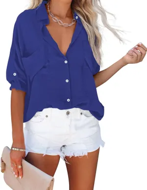 Diosun Womens Button Down Shirts V Neck Casual Long Sleeve Roll Up Loose Plain Blouses Tops with Pockets