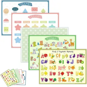 Disposable Placemats for Baby & Toddlers – Sticky Table Mats for Restaurants, Dining Table, Preschool & Parties – 5 Fun Designs Animal, Fruit, Alphabet, Star & Shape – 60-Pack, 12x16 Inches