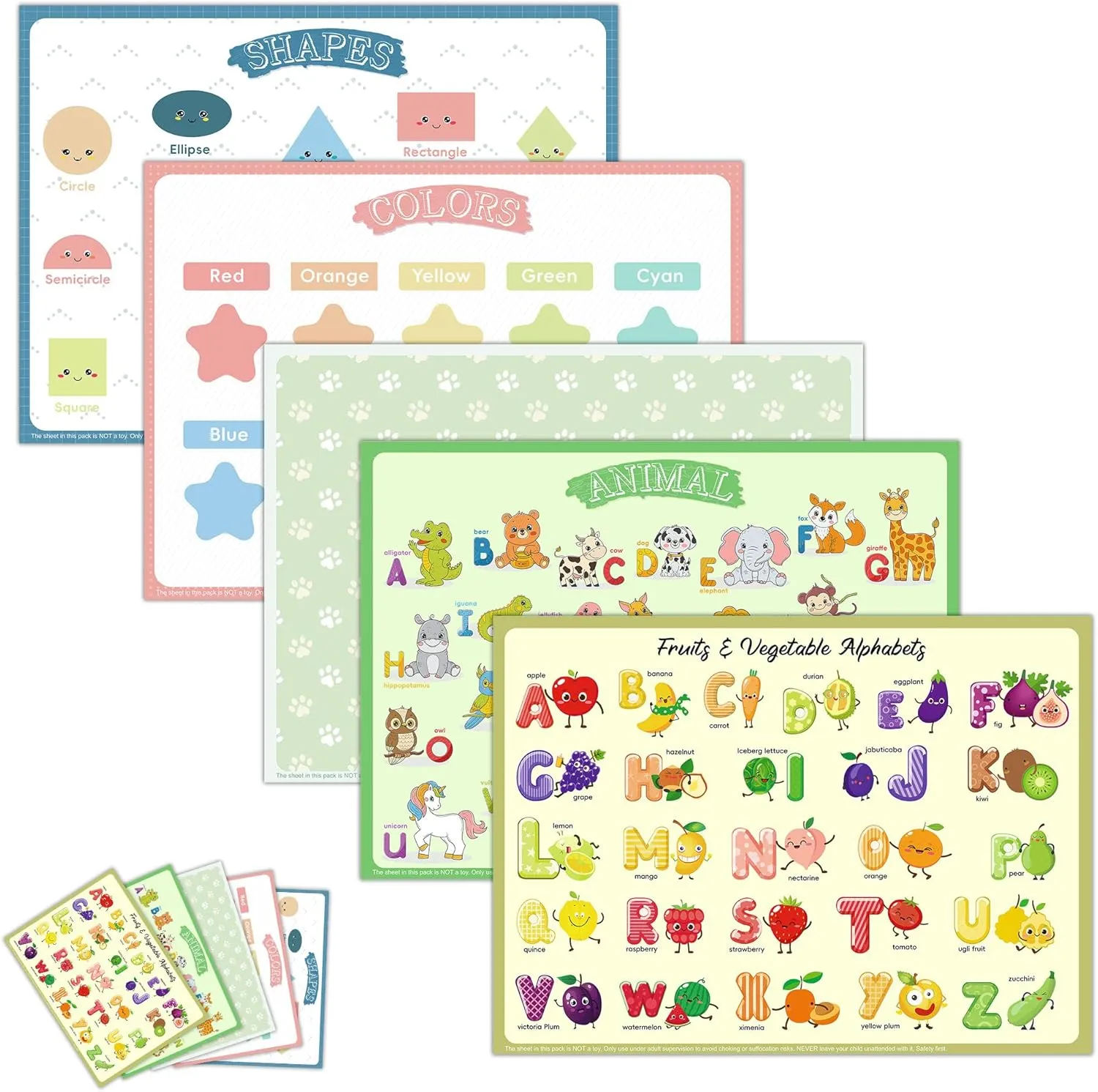 Disposable Placemats for Baby & Toddlers – Sticky Table Mats for Restaurants, Dining Table, Preschool & Parties – 5 Fun Designs Animal, Fruit, Alphabet, Star & Shape – 60-Pack, 12x16 Inches