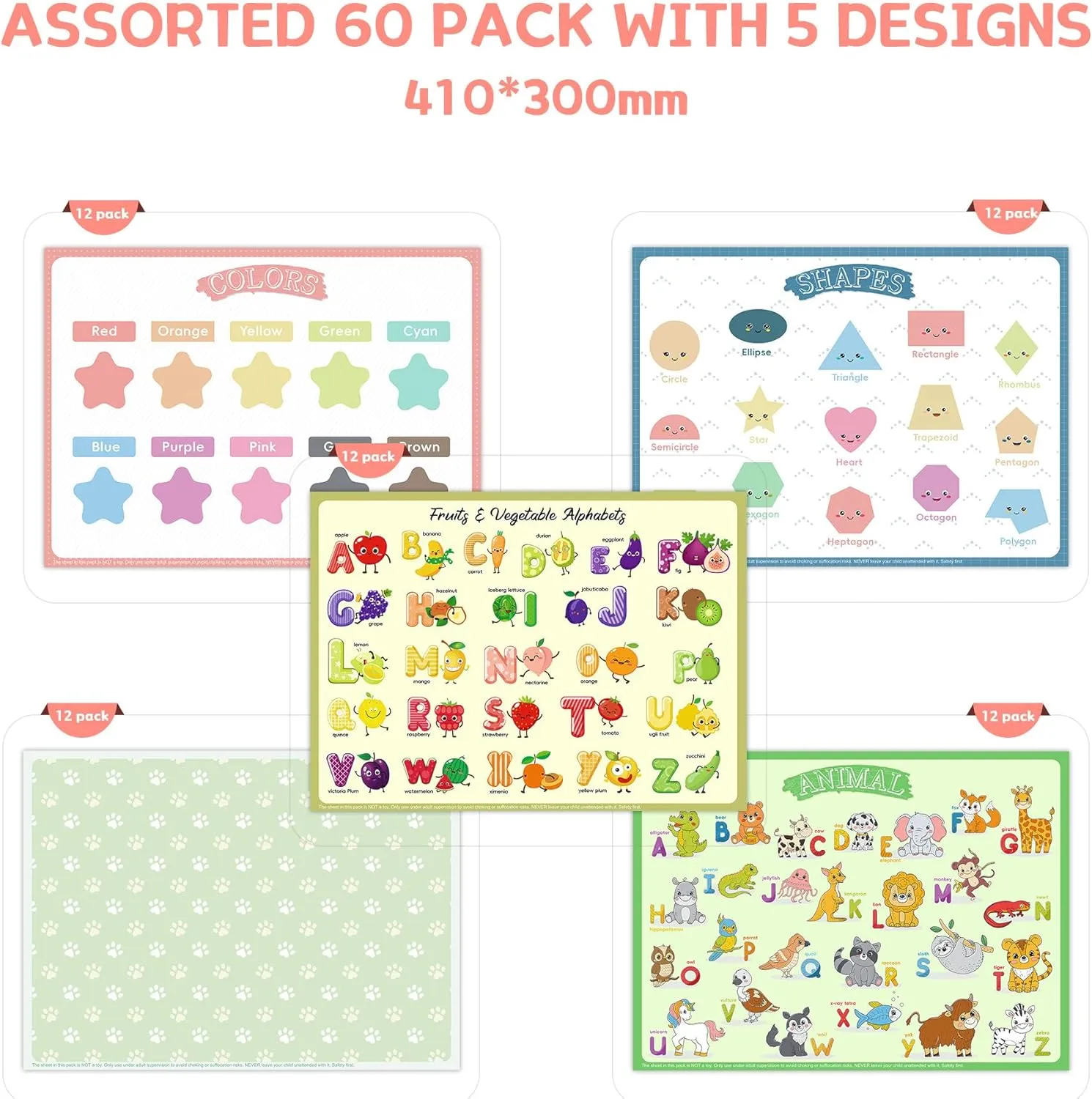 Disposable Placemats for Baby & Toddlers – Sticky Table Mats for Restaurants, Dining Table, Preschool & Parties – 5 Fun Designs Animal, Fruit, Alphabet, Star & Shape – 60-Pack, 12x16 Inches