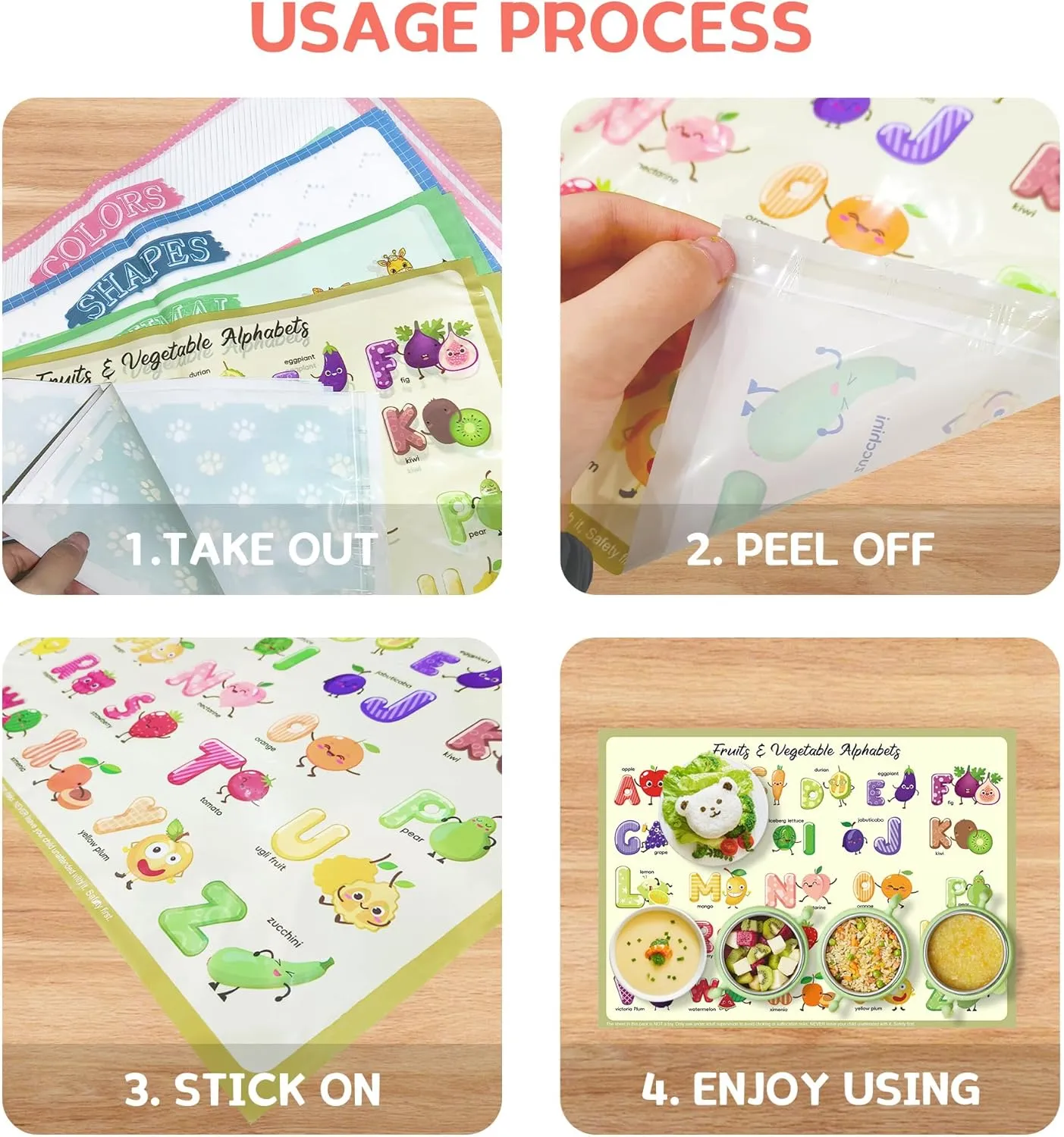 Disposable Placemats for Baby & Toddlers – Sticky Table Mats for Restaurants, Dining Table, Preschool & Parties – 5 Fun Designs Animal, Fruit, Alphabet, Star & Shape – 60-Pack, 12x16 Inches