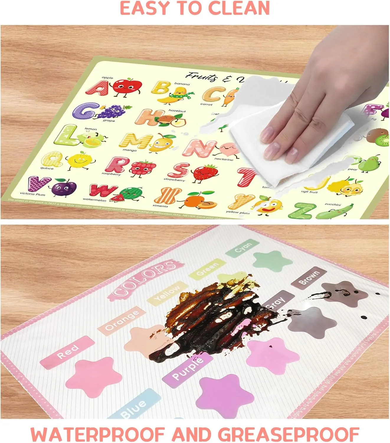 Disposable Placemats for Baby & Toddlers – Sticky Table Mats for Restaurants, Dining Table, Preschool & Parties – 5 Fun Designs Animal, Fruit, Alphabet, Star & Shape – 60-Pack, 12x16 Inches