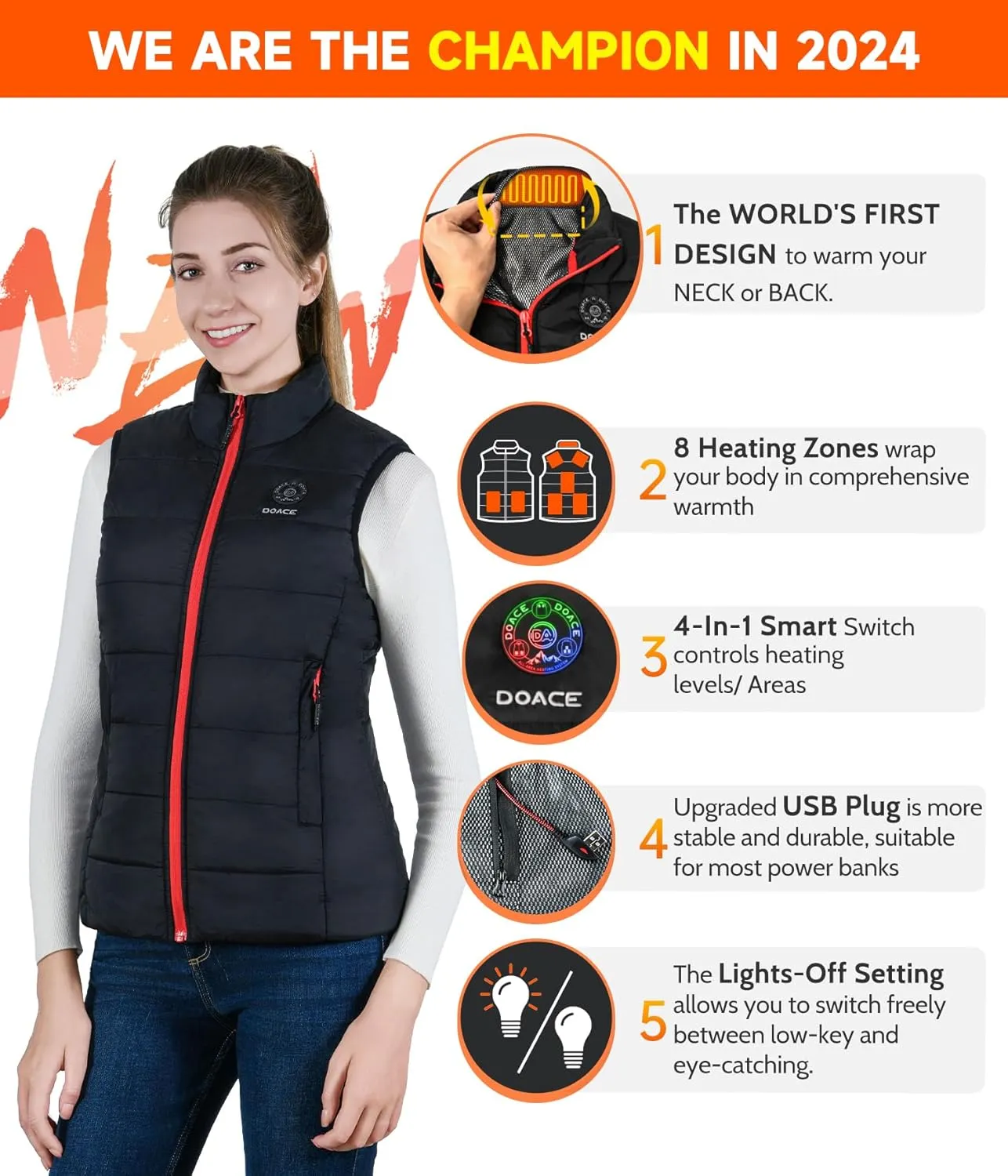 DOACE® Upgraded Heated Vest for Men and Women, Smart Electric Heating Vest, Lightweight Heated Jacket (Battery Not Included)